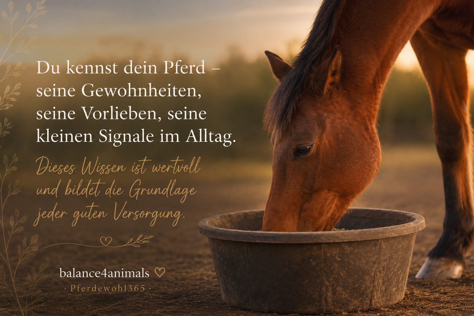 Pferd am Futtertrog bei Sonnenuntergang mit dem Zitat: Du kennst dein Pferd – seine Gewohnheiten, seine Vorlieben, seine kleinen Signale im Alltag – Pferdewohl365 von balance4animals